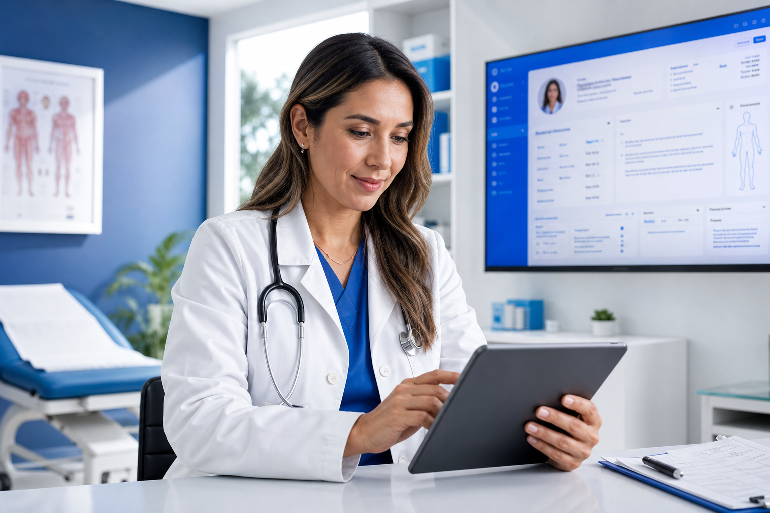 Médica revisando expediente clínico digital en consultorio mexicano