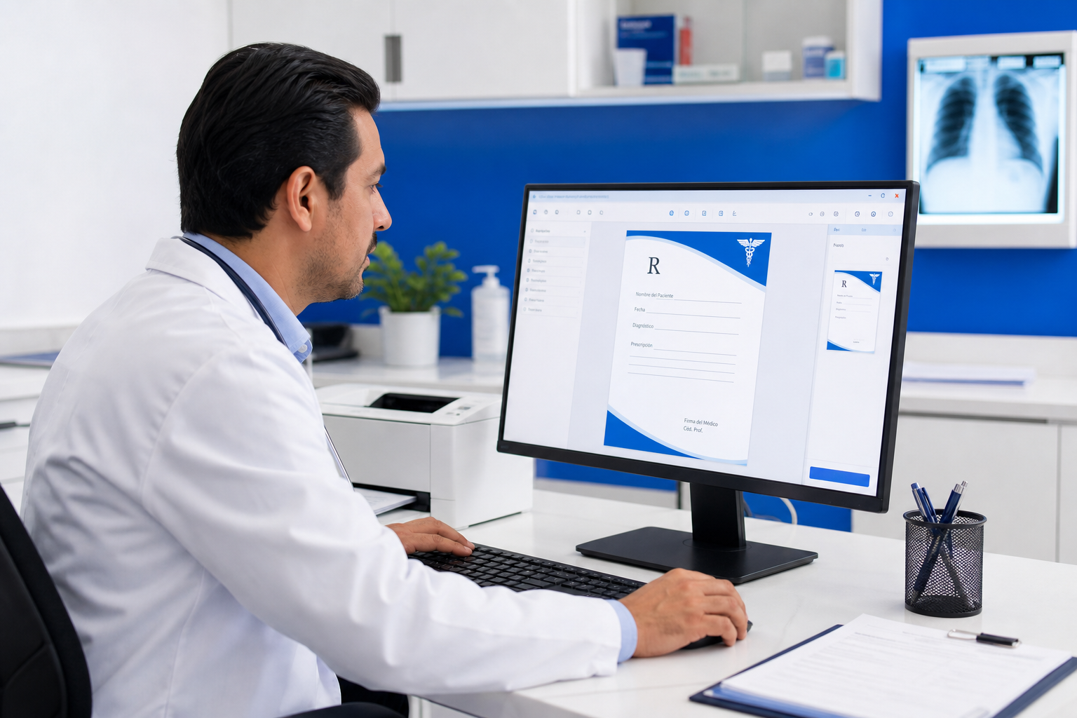 Médico generando receta digital con membrete personalizado en consultorio