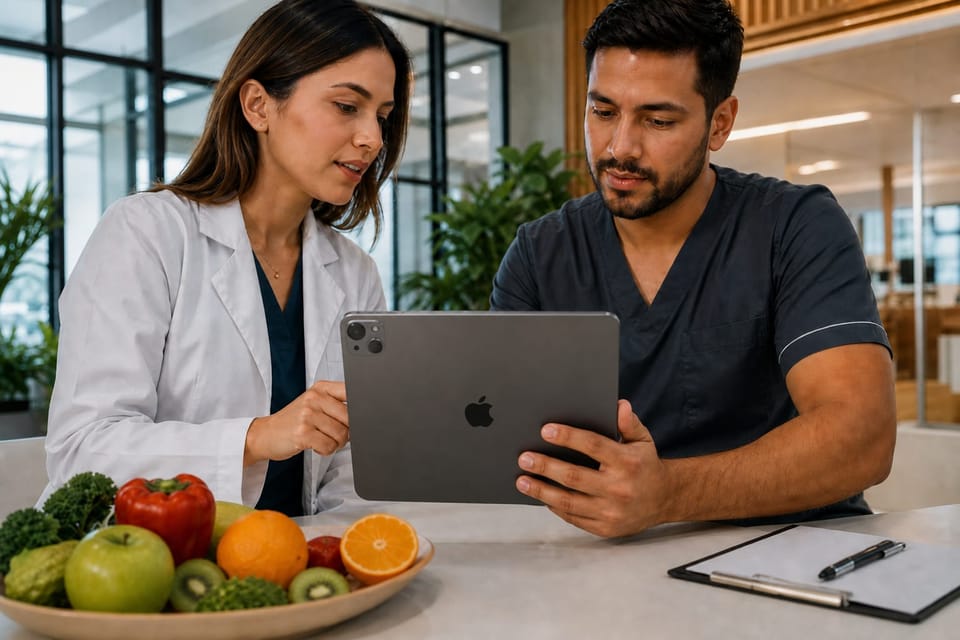Médico y nutriólogo colaborando con tablet en consultorio