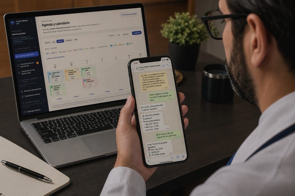 Seguimiento por WhatsApp con agenda de Gestión Médica 360 en laptop