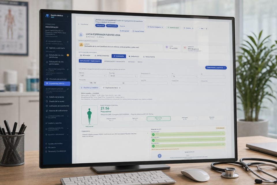 Detalle de consulta en expediente clínico de Gestión Médica 360 en monitor