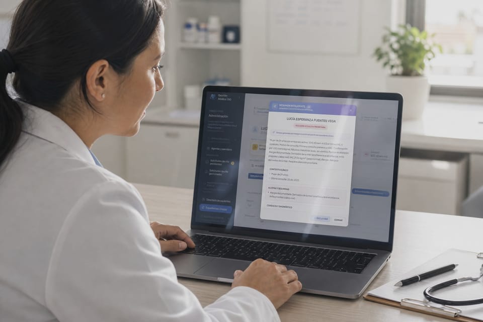 Resumen inteligente IA de Gestión Médica 360 en laptop