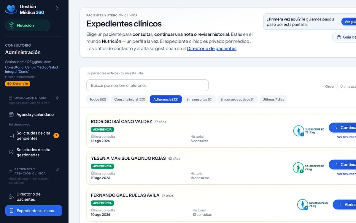Listado de expedientes clínicos con metas de peso