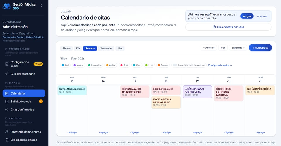Calendario de citas de Gestión Médica 360